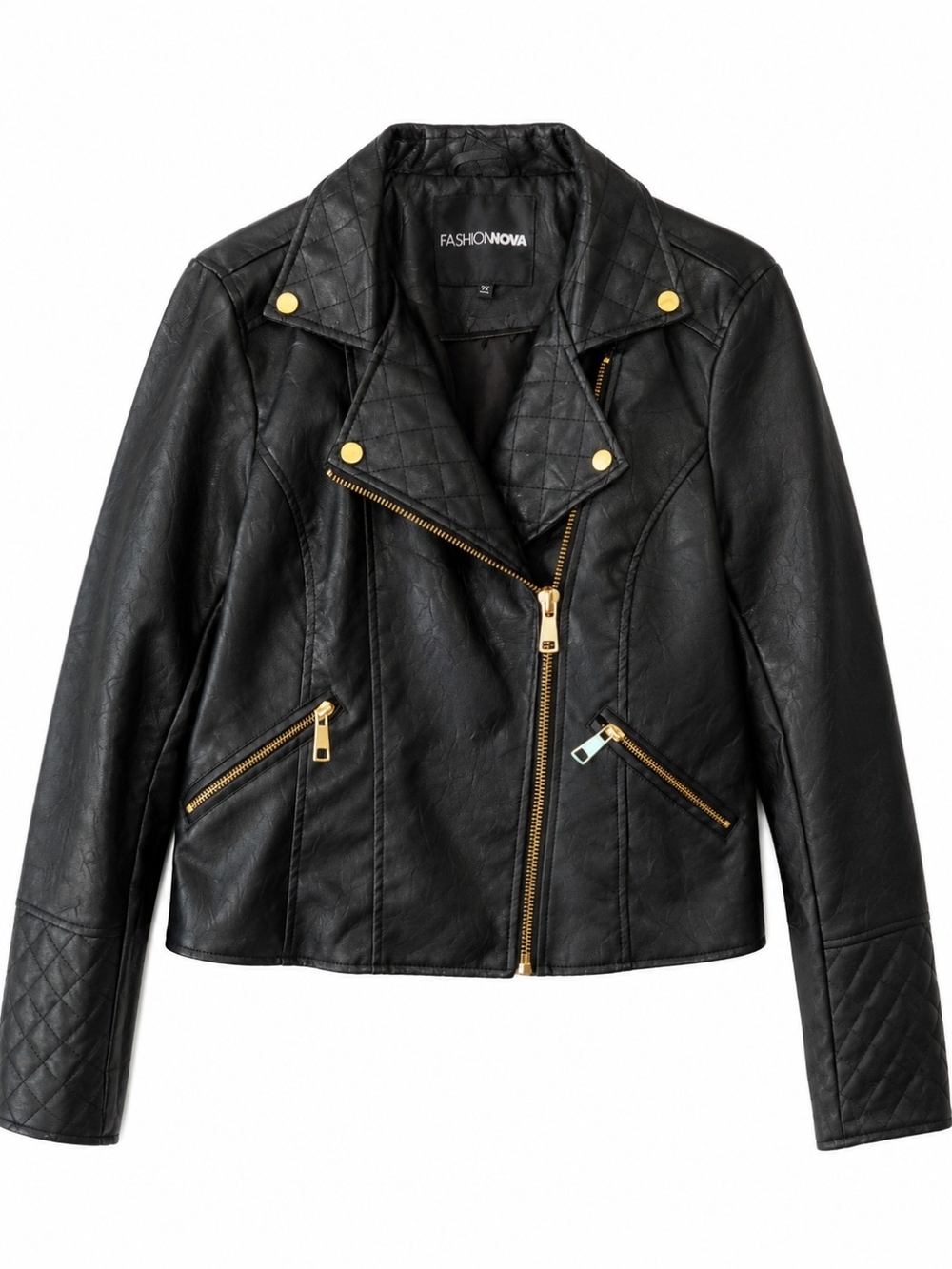 Fashion Nova Black Faux Leather Moto Quilted Jacket Medium EUC